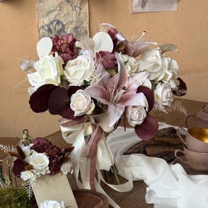Wedding bouquet with lily, rose, eucalyptus, Warm white and burgundy bridal bouquet, Fall bridesmaids bouquet, Romantic boho wedding