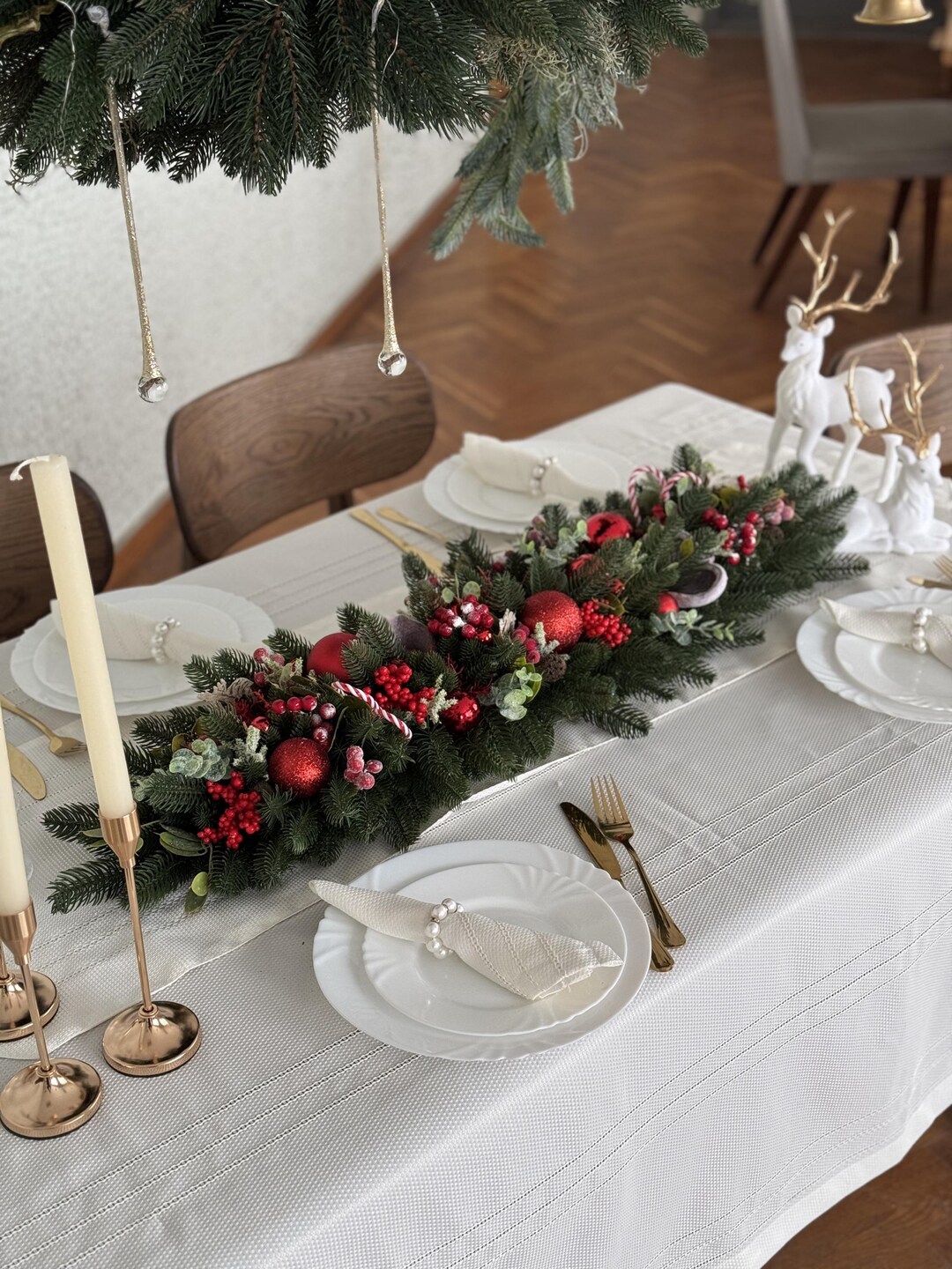 Christmas Long Table Centerpiece – Artificial Green Pine With Viburnum ...