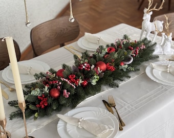 Christmas Long Table Centerpiece Artificial Green Pine with Viburnum, Eucalyptus, Lotus Pods, Ornaments & Candy Canes, Dining Table Decor
