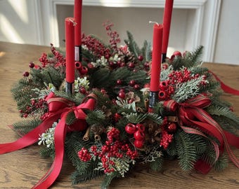 Christmas Red Table Centerpiece with Candles, Artificial Pine, Pinecones, Berries, Velvet & Wooden Ornaments, Festive Home Decor