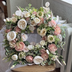 Summer door wreath, Pink, ivory and green door wreath, Rose and eucalyptus door wreath, Modern wreath for front door, Summer door decor