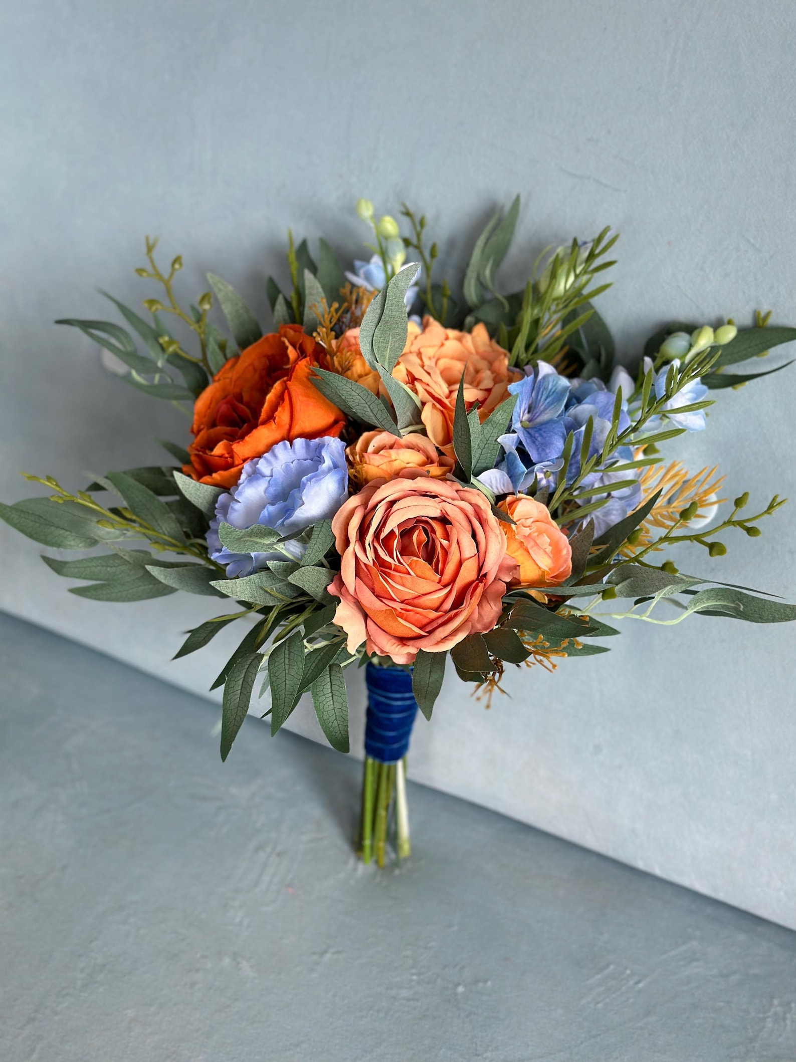 Orange Blue Wedding Bouquet, Eternal Bridal Bouquet, Charming Spring