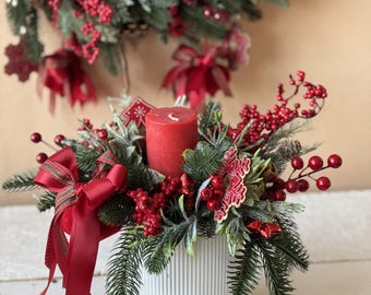 Christmas Red Green Table Centerpiece in Planter, Candle Holiday Arrangement, Winter Artificial Pine Candle Centerpiece for Dining Table