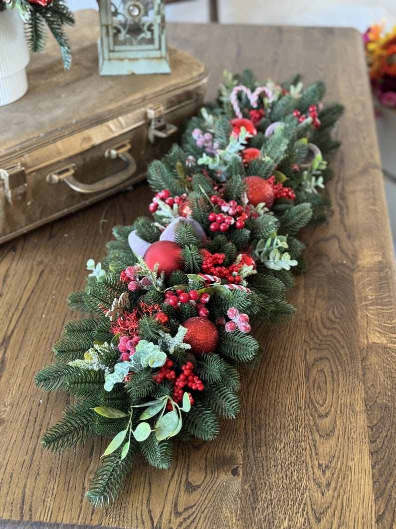 Christmas Long Table Centerpiece – Artificial Green Pine With Viburnum ...