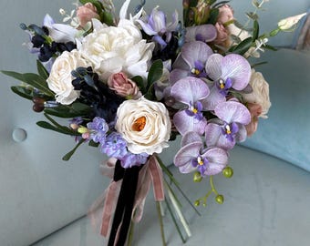 Orchid Wedding Bouquet, Light Purple and Ivory Bridal Bouquet, Lilac Orchid and Roses Artificial Bridesmaid Bouquet, Faux Flower Bouquet
