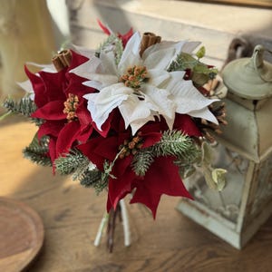 Winter Poinsettia Bouquet, Christmas Wedding Flowers, Artificial Bridesmaids Bouquet, Holiday Floral Home Decor, White and Red Poinsettia