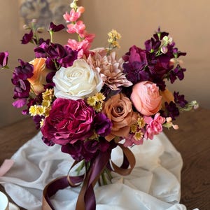 Modern Bridal Bouquet, Elegant Wedding Bouquet, Romantic Plum, Peach, Beige, Fuchsia Artificial Wedding Flowers for Fall Romantic Wedding