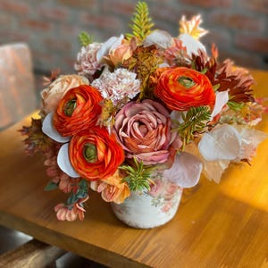 Fall flower arrangement, Artificial flower table centerpiece, Orange and peach flower bouquet, Fall wedding decor, Thanksgiving Gift