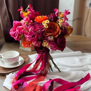 Fuchsia and Orange Bridal Bouquet, Artificial Flower Bouquet, Handmade Faux Flower Bright Pink Bouquet, Fall Wedding Bouquet, Autumn Wedding