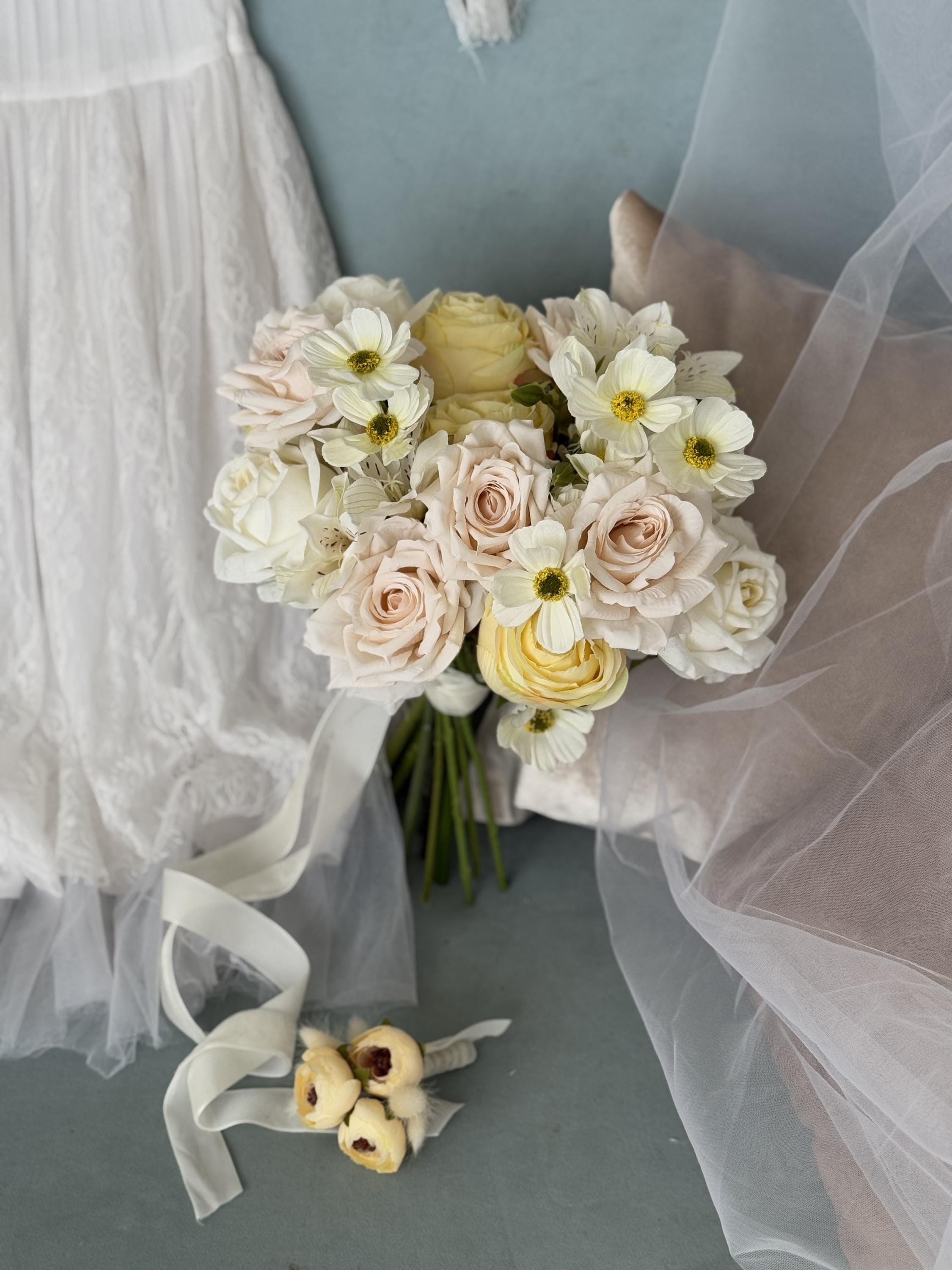 Large Lot Cream White Pink Yellow Roses Silk Flowers Bridal Prom Wedding Crafts Taupe Cream Rose Bouquet | Faux Wedding Flowers | Afloral main image 3