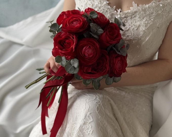 Deep Red Faux Roses Wedding Bouquet, Ranunculus, Eucalyptus, Bride Satin Ribbons