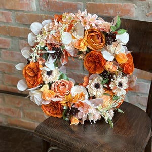 Fall flower wreath for front door, orange wreath with artificial roses, eucalyptus, anemone, berries, peony wreath, autumn door decor