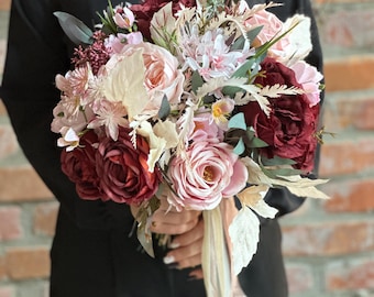 Pink and Burgundy Bridal Bouquet, Boho Wedding Bouquet, Bridesmaid Bouquet, Wrist Corsage and Faux Flower Bouquet for Bridesmaids