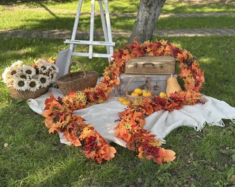 Autumn Garland Artificial Maple Leaves, Sunflowers, Viburnum, Pinecones, Dried Flowers, Rustic Fall Decor for Fireplace, Store, Stair