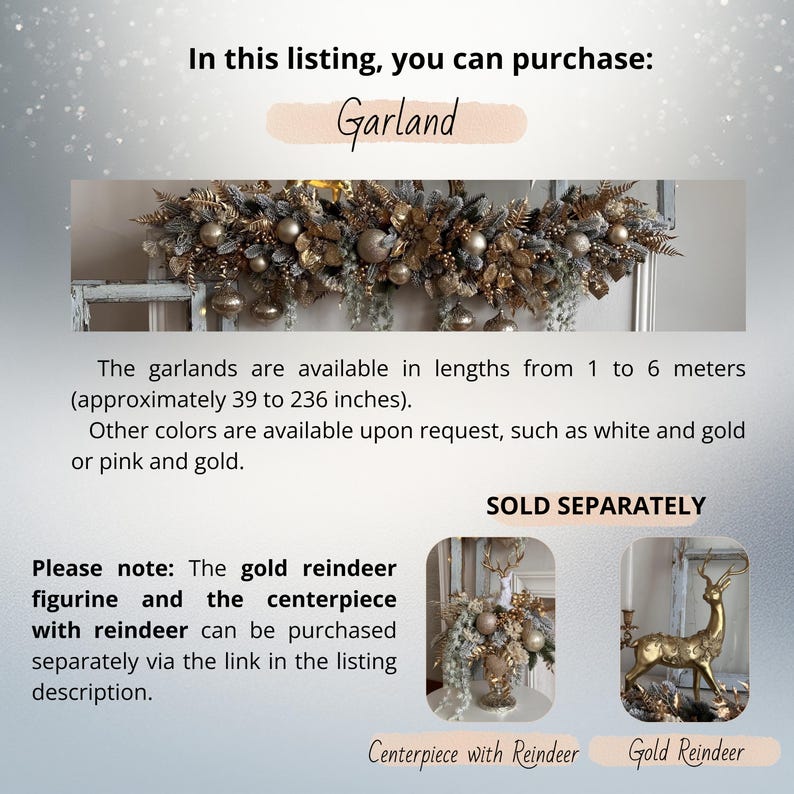 Luxury Christmas Garland in Beige and Gold with Poinsettias, Snowy Greenery, and Golden Decorations, Elegant Mantel and Stairway Decor image 10