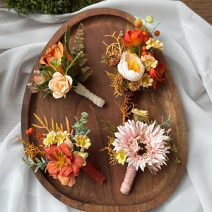 Autumn Groom or Groomsmen Boutonniere, Saffron Orange and Blush Fall Wedding Boutonniere with Rose, Matthiola, Daisy, and Eucalyptus