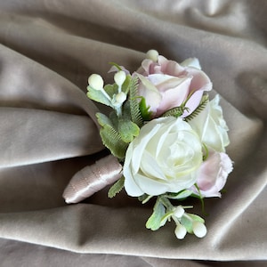 Ivory and Light Pink Groom Boutonniere for Wedding, Groomsmen Buttonhole, Faux Flower Boutonnieres for Men, Spring Wedding