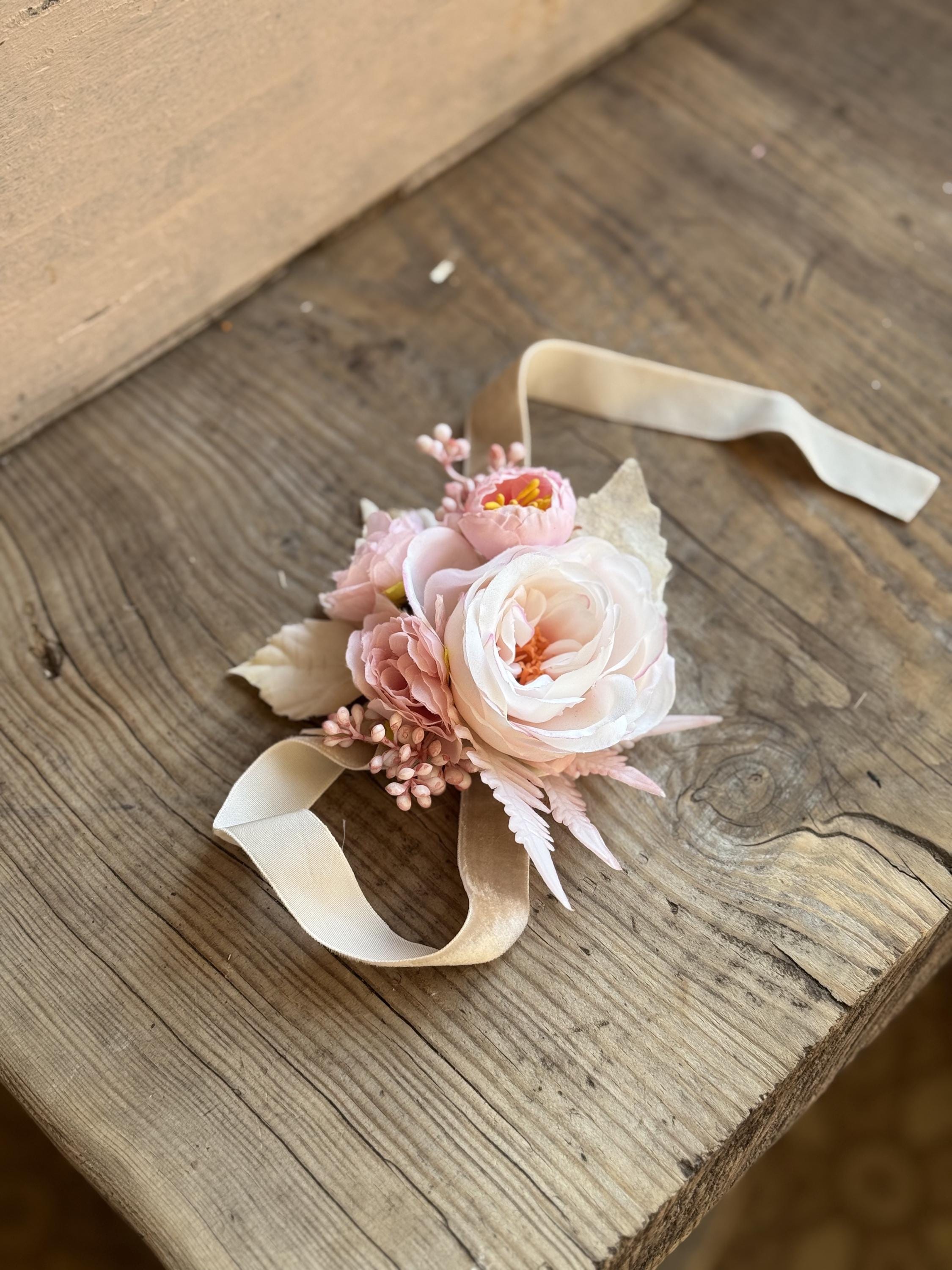 Pink Cherry Blossom and Rose Wrist Corsage, Wedding Ribbon Bracelet, Spring Bridal Corsage, Spring Wedding, Light Pink Prom Wrist Corsage