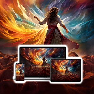 May include: A woman in a long, flowing red dress stands on a rocky landscape, with a colorful, swirling sky behind her. The sky is filled with vibrant hues of orange, yellow, blue, and purple, creating a dramatic and ethereal backdrop.