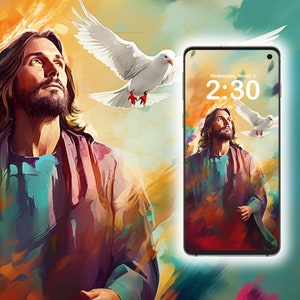 Puede incluir: La pantalla de un teléfono digital muestra una imagen colorida de un hombre con el pelo largo y barba, mirando hacia arriba a una paloma blanca. La hora es 2:30 y la fecha es miércoles, 2 de marzo.