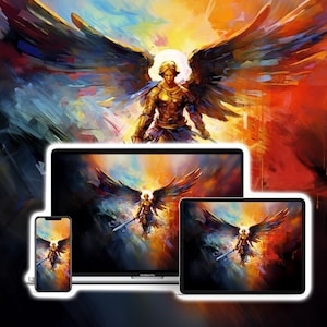 May include: A digital illustration of an angel with large wings, wearing golden armor and holding a sword. The angel is depicted in a colorful, abstract style with shades of blue, red, orange, and yellow. The image is displayed on a laptop, tablet, and smartphone.