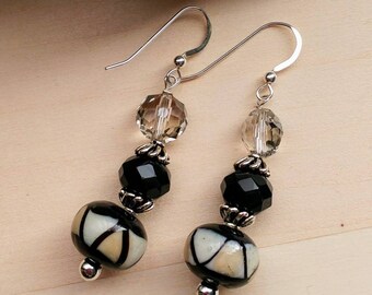 Black and Cream Artisan Lampwork and Glass Beaded Dangle Earrings