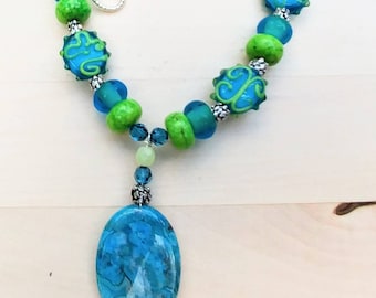 Turquoise Pendant with Green and Turquoise Glass Beaded Necklace