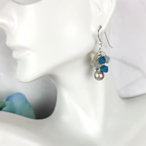 Blue Cluster Earrings, Pearl Earrings, Dangle Earrings, Gift for Her, Crystal Earrings, Special Occasion Earrings