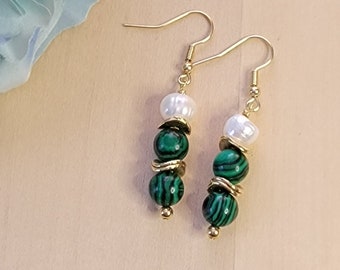 Gemstone Earrings | Malachite | Freshwater Pearl | Spring Jewelry