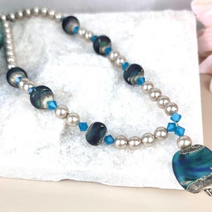Handmade Art Glass Beaded Necklace: Taupe Pearl & Caribbean Blue Crystal