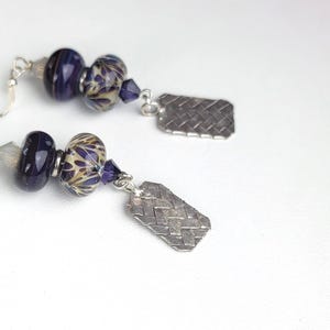 Dark Purple Art Glass Earrings: Sterling Silver Basket Weave Dangle Earrings