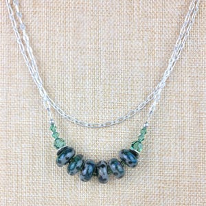 Silver Chain Necklace with Green Art Glass, Lampwork Necklace, Simple Chain Necklace, Handmade Necklace, Two Strand Necklace, Green Jewelry