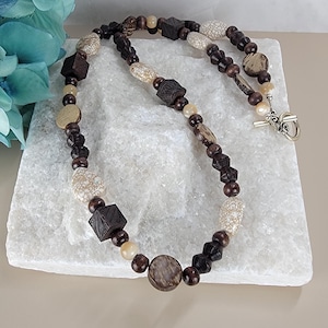 Dark Brown Wood Beaded Necklace, White Turquoise Necklace, Coconut Wood Necklace, Beaded Long Necklace, Gift for Her, Coconut Jewelry