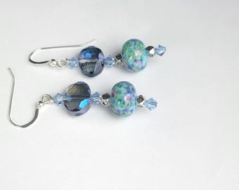 Artisan Lampwork Earrings: Crystal Blue Swarovski, Sterling Silver