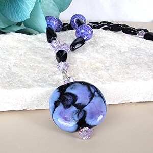 Handblown Art Glass Pendant Necklace: Purple Lampwork, Black Glass Beads