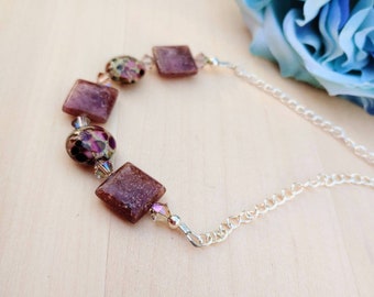 Mookite Gemstone and Lampwork Chain Necklace