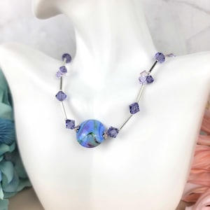Handblown Art Glass Necklace: Purple Austrian Crystal, Silver Accent