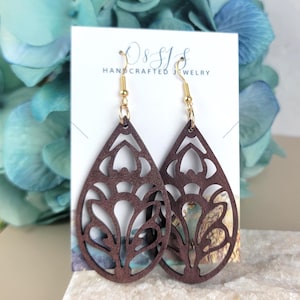 Wood Dangle Earrings: Lightweight Etched Teardrop Design