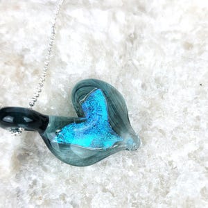 Handblown Blue Art Glass Heart Pendant - Silver Chain Necklace