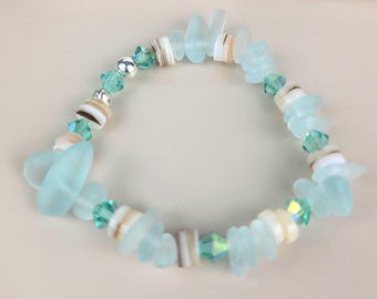 Aqua Sea Glass Stretch Bracelet: Coastal Crystal Beaded Stacking Bracelet
