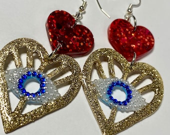 Evil Eye Red Heart Earrings