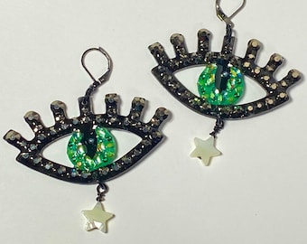 Green Rhinestone Cat Eye Earrings