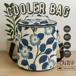Bolsa térmica azul floral de lados suaves para usar como nevera para acampar, bolsa térmica para picnic y bolsa térmica de viaje, bolsa térmica portátil y aislante.