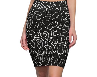 Black and White Floral Design Women's Pencil Skirt (AOP)