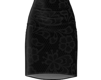 Black on Black Lace Illusion Floral Women's Pencil Skirt (AOP)