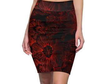 Jupe crayon femme noire et rouge à fleurs délavées (AOP)