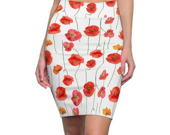 Jupe crayon femme blanche avec coquelicots (AOP)