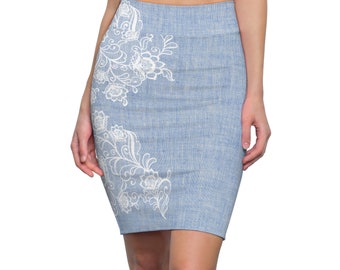 Illusion Denim and Lace Women's Pencil Skirt (AOP)