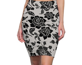 Cream Black Fishnet and Lace Floral Women's Pencil Skirt (AOP)