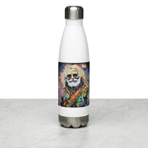 May include: A stainless steel water bottle with a white background and a colorful image of a man with long hair and a beard playing a guitar. The image is a stylized painting with a colorful background.